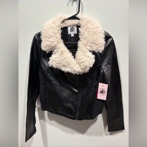 Juicy Short Waist Black Bomber Jacket White Collar size Small